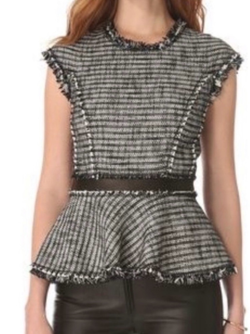 Rebecca Taylor Fringed Black and White Tweed Peplum Top Size 2